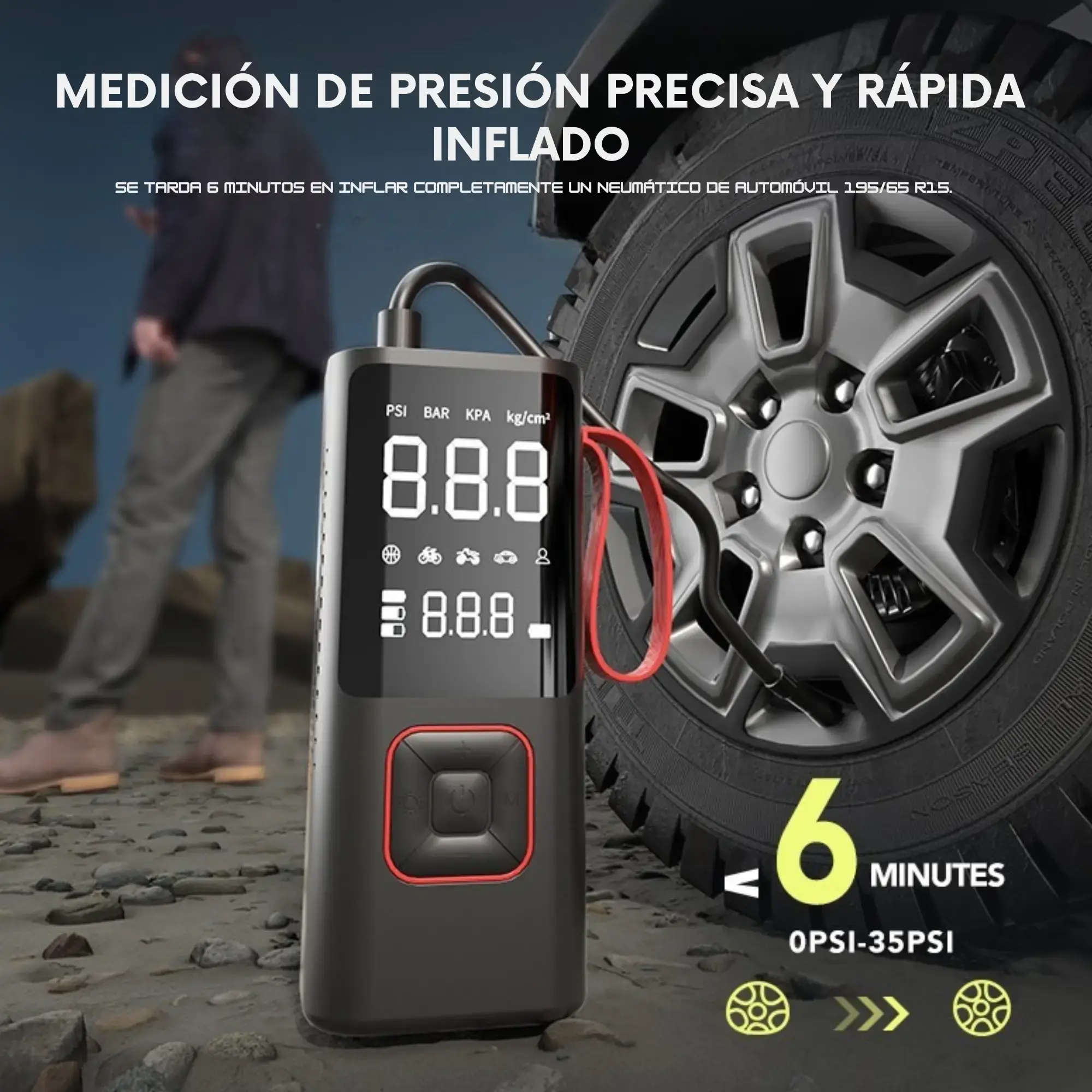 Inflador portátil 80W multifuncional para autos, bicicletas y pelotas con luz SOS y power bank - Imagen 2