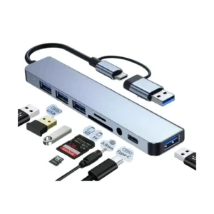 HUB 8-EN-1 DE ACERO | DOBLE CONECTOR TYPE-C & USB-A | LECTOR SD/TF Y USB 3.0
