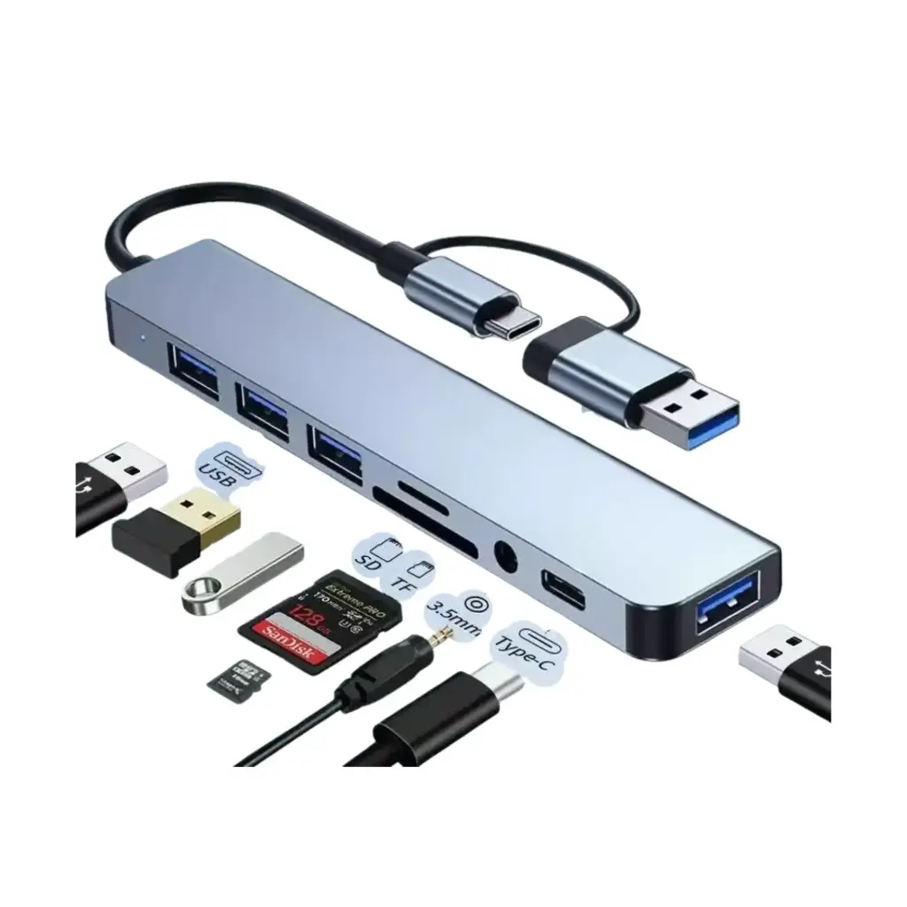 HUB 8-EN-1 DE ACERO | DOBLE CONECTOR TYPE-C & USB-A | LECTOR SD/TF Y USB 3.0